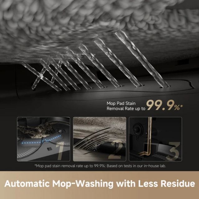 Close-up product image of Dreame X50 Ultra robot vacuum cleaner showing mop pad stain removal capability up to 99.9%, featuring rotating mop pads, LED-lit undercarriage, and three demonstration photos of automatic mop-washing performance on dark background with beige accent text