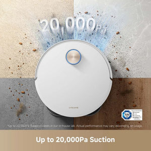 Dreame X50 Ultra white robot vacuum cleaner shown from above on multi-surface floor with dirt particles, displaying 20,000Pa suction power specification and TUV certification badge