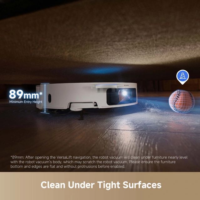 Dreame X50 Ultra white robot vacuum cleaner shown on dark wooden floor demonstrating 89mm minimum entry height capability for cleaning under furniture, with product specifications and cleaning features highlighted