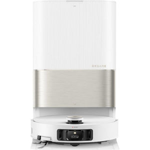 Dreame X50 Ultra robot vacuum cleaner with white ribbed upper body, brushed silver metal band, and white circular base with black control panel shown from front angle view