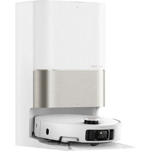 Dreame X50 Ultra robot vacuum cleaner in white with brushed stainless steel dock station, showing round white robotic vacuum base with black control panel positioned in front of tall white charging dock