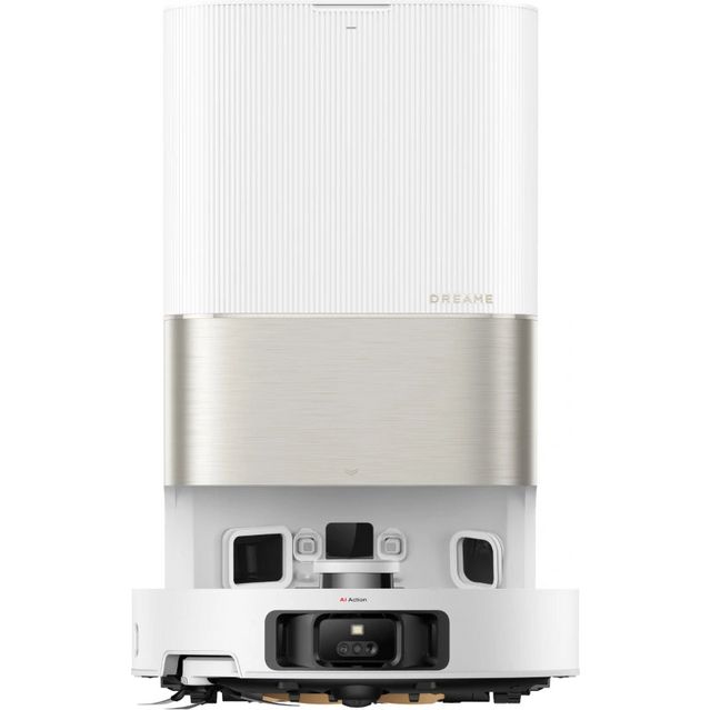 Dreame X50 Ultra robot vacuum cleaner with white ribbed upper body, brushed silver metal band, black control panel with buttons and sensors, and black base with visible wheels, shown from front angle against white background