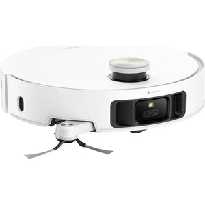 White circular robot vacuum cleaner with black front-facing camera and sensors, featuring a dustbin on top, gray fabric side brush, and AI Action branding on the side
