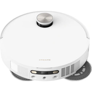 Dreame X50 Ultra white robot vacuum cleaner with stainless steel top knob, front control panel, and dual side brushes shown from angled top view