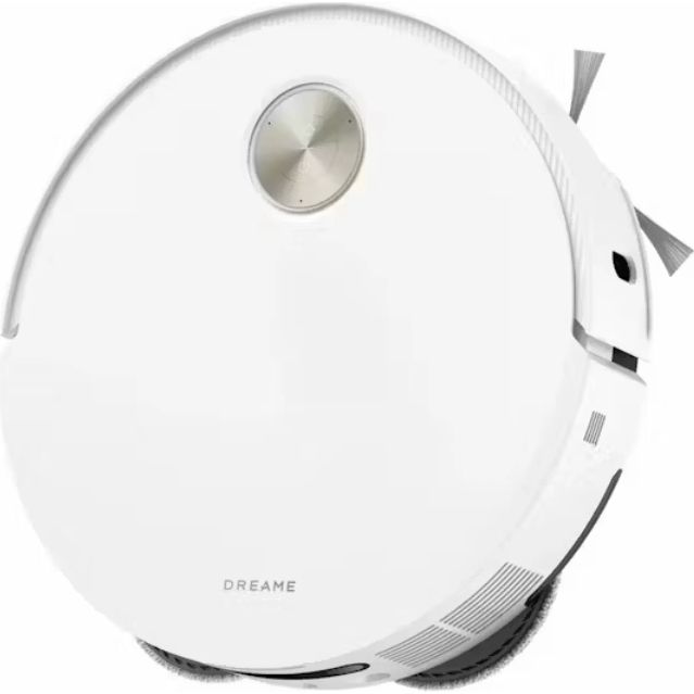 White Dreame X50 Ultra robot vacuum cleaner with circular disc design, metallic center button, side brush visible, and Dreame branding on body against white background