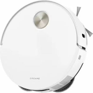 White Dreame X50 Ultra robot vacuum cleaner with circular disc design, metallic center button, side brush visible, and Dreame branding on body against white background