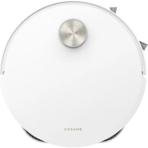 Dreame X50 Ultra robot vacuum cleaner in white with metallic silver circular control panel and brush indicators on sides, top-down view