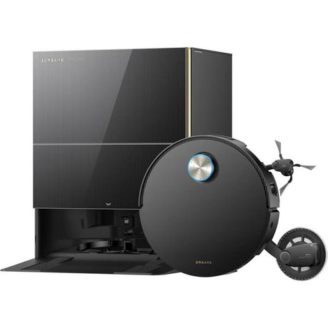 Dreame X60 Pro Ultra robot vacuum cleaner and mop system in black, featuring circular disc-shaped vacuum with blue central button, charging dock with dark gray panels and gold trim, and wireless remote control on white background