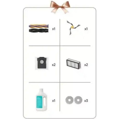 Product contents layout for Dreame X60 Pro Ultra robot vacuum showing included accessories: one multi-colored brush roll, one robotic arm component, two black dust bags, two rectangular filters, one turquoise cleaning solution bottle, and three gray wheel components arranged in a grid display with quantity indicators