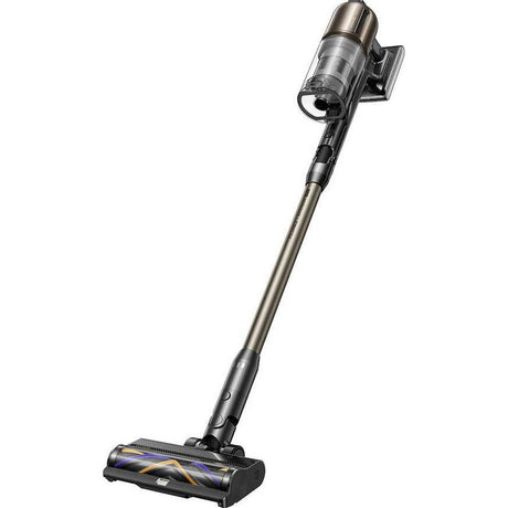 Dreame Z30 Pro Aqua cordless stick vacuum cleaner with telescopic metallic silver pole, black motorized brush head with blue accents, and detachable dust canister against white background