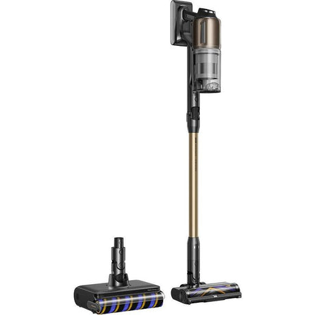 Dreame Z30 Pro Aqua cordless stick vacuum cleaner with gold and black telescopic pole, digital display head unit, and motorized brush head with blue accent stripes shown against white background
