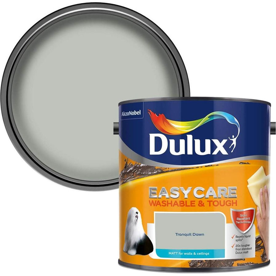 Dulux Easycare Washable & Tough 2.5 litre paint can in Tranquil Down grey, featuring the product label with AkzoNobel branding and a paint swatch showing the soft grey colour on the lid