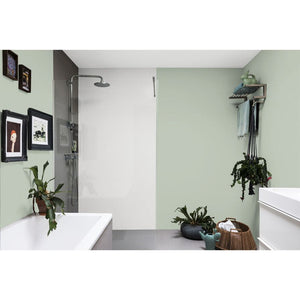 Modern bathroom with soft sage green walls painted in Dulux Easycare Washable Matt Tranquil Dawn, featuring white sink, dark grey shower enclosure, potted plants, hanging towels, and framed artwork on pale green walls