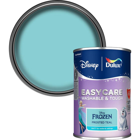 Dulux Easycare Disney Frozen Frosted Teal matt paint can 1.25 litre with swatch showing light turquoise blue colour on white background