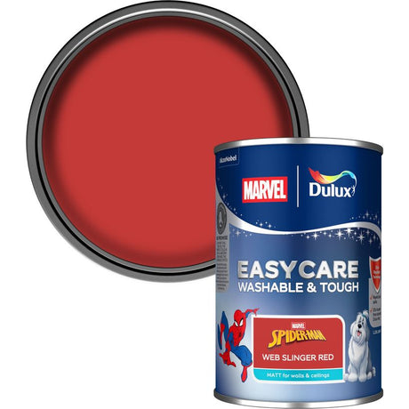 Dulux Easycare Marvel Spiderman Web Slinger Red matt paint 1.25 litre tin with product swatch showing vibrant red colour and washable tough formula for walls and ceilings