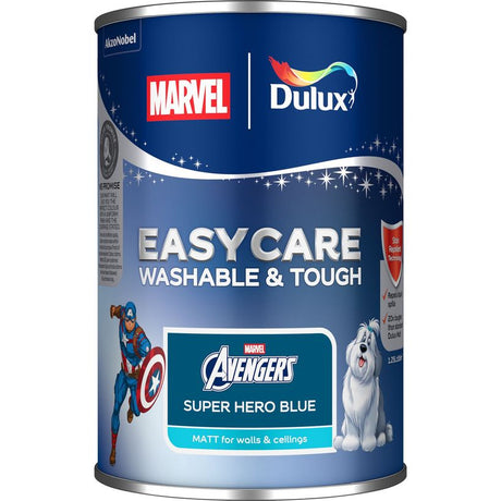 Dulux Easycare Marvel Avengers Super Hero Blue matt paint tin 1.25L featuring Captain America and white dog characters on navy blue packaging