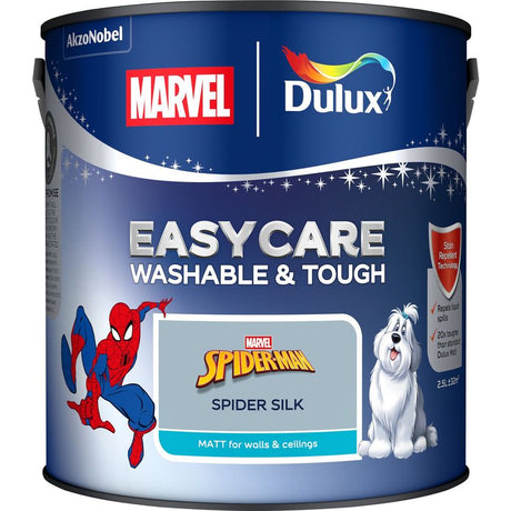 Dulux Easycare Marvel Spiderman Spider Silk 2.5 litre paint can with blue label featuring Spider-Man character and white dog, matt finish for walls and ceilings