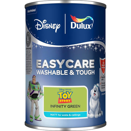 Dulux Easycare Disney Toy Story Infinity Green matt paint 1.25 litre tin featuring Buzz Lightyear and a white dog character on blue packaging label with washable and tough product benefits highlighted