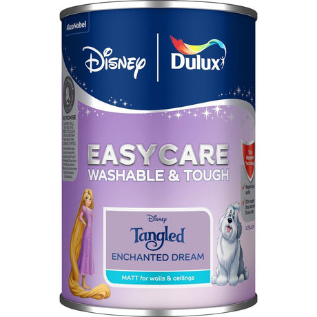 Dulux Easycare Disney Tangled Enchanted Dream matt paint 1.25 litre tin with purple label featuring Rapunzel and Pascal characters, washable and tough finish for walls and ceilings