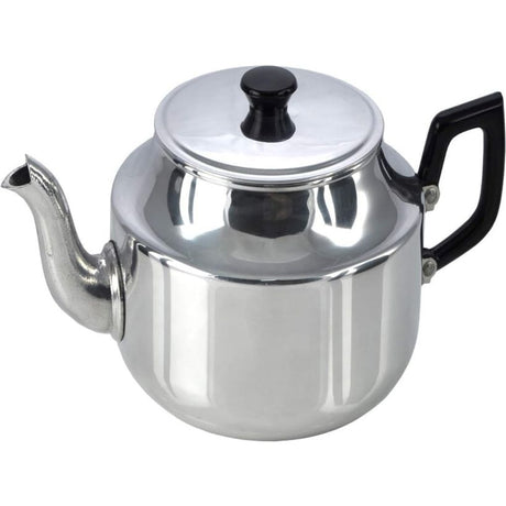 Dunlevy 6 cup 1 litre stainless steel teapot with polished silver finish, black handle and knob, and curved spout