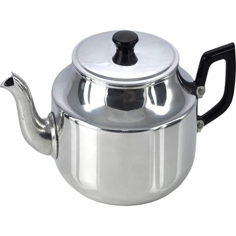 Dunlevy 9 Cup 1.4 Litre stainless steel teapot with polished chrome finish, black handle and knob, and curved spout on white background