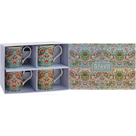 Set of four ceramic mugs with William Morris Strawberry Thief pattern in red, green and blue floral design, displayed in white compartmentalized gift box with matching patterned sleeve packaging