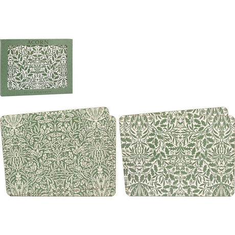 Set of four green and cream Dunlevy placemats featuring intricate William Morris-inspired acorn and floral damask patterns on a white background with product packaging box displayed above