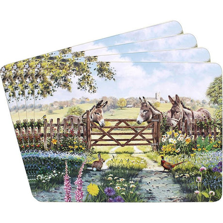 Set of four cork-backed placemats featuring a watercolor pastoral scene with three donkeys at a wooden gate surrounded by colorful wildflowers and a country landscape