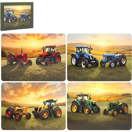 Set of four Dunlevy branded placemats featuring tractor evolution design with vintage red, blue, yellow and green tractors in rural farmland sunset scenes