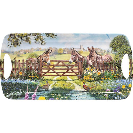 Medium serving tray featuring a pastoral countryside scene with three brown donkeys at a wooden gate surrounded by yellow daffodils, purple flowers, a stream, and English village landscape in the background