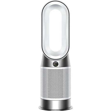 Dyson Purifier Hot + Cool HP1 air purifier in white and silver with oval-shaped illuminated top opening and perforated cylindrical filter body, standing upright against white background
