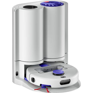 Dyson R2 Nurovi white robot vacuum with dual cylindrical dust and water tanks, blue accent details, and circular base with red brush bar visible from front angle view