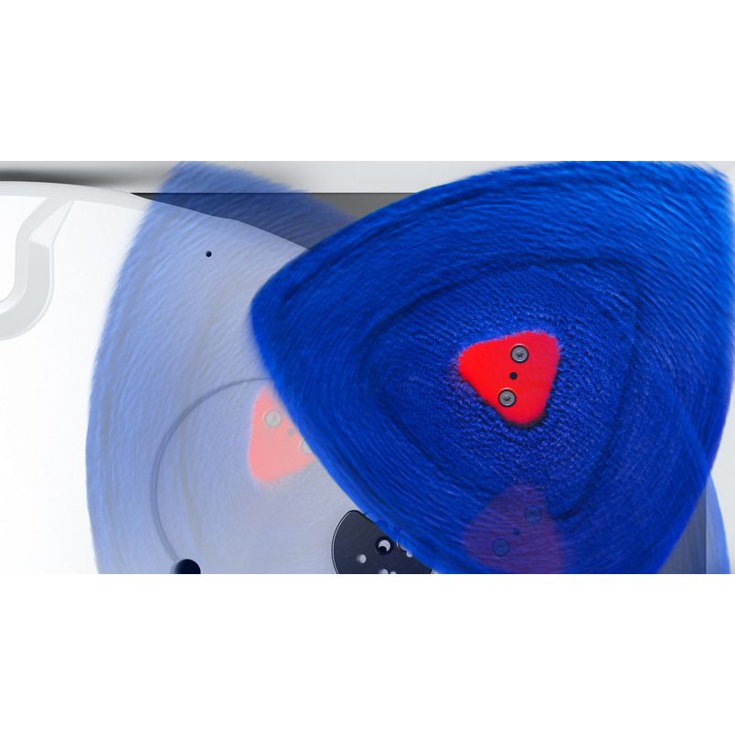 Dyson R2 Nurovi robot vacuum cleaner shown from above with bright blue circular body and red heart-shaped dust collection unit on white background