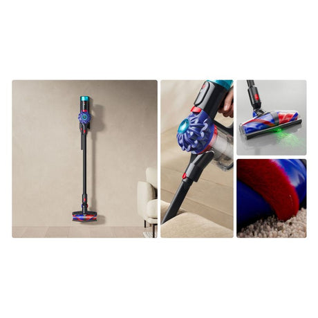 Dyson V10 Konical cordless stick vacuum cleaner in black with blue and red accents, showing full upright unit, handheld detail with trigger grip, motorized floor head with green laser detection, and close-up of cleaning head on carpet