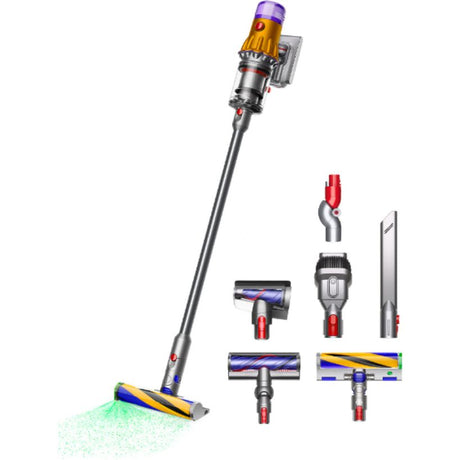 Dyson V12 Detect Slim Absolute cordless stick vacuum cleaner in gold and purple with multiple interchangeable attachments including floor head, crevice tool, combination tool, and various brush heads displayed on white background