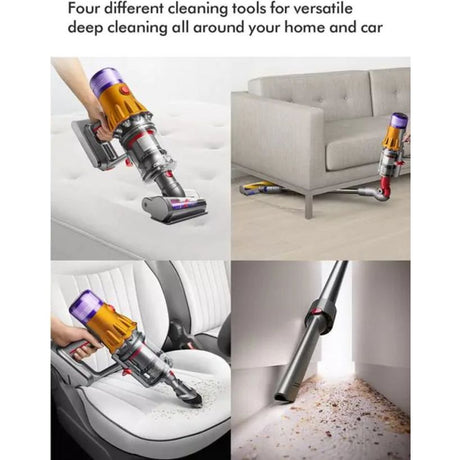 Dyson V12 Detect Slim vacuum cleaner demonstrating four versatile cleaning attachments in gold and purple, shown cleaning mattress, under sofa, car seat and hard floors