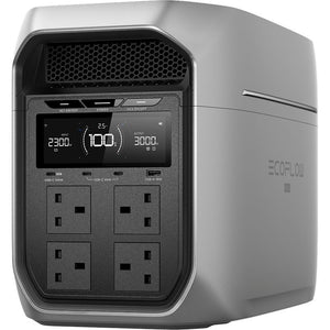 EcoFlow DELTA 3 Max Series 2048Wh portable power station with silver and black casing, featuring digital display showing 2300W input and 3000W output, four AC outlet sockets, USB ports, and hexagonal ventilation grille on top