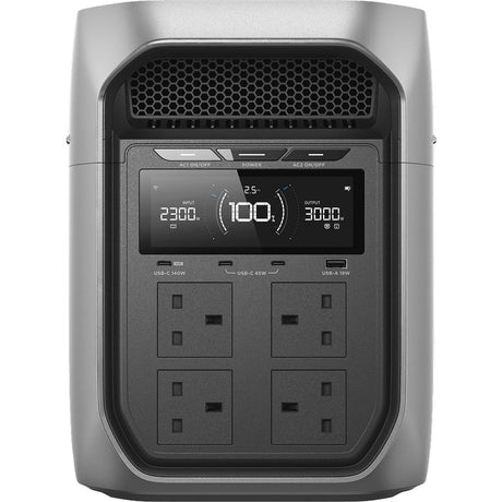 EcoFlow DELTA 3 Max portable power station with silver aluminum casing and black front panel, featuring digital display showing 2300W input and 3000W output, four AC outlets, USB ports, and control buttons for AC1 AC2 and power management