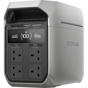 EcoFlow DELTA 3 portable power station with 1024Wh capacity featuring white and grey casing, black front panel with digital display showing 100% battery level, four AC power outlets, USB charging ports, and ventilation grille top