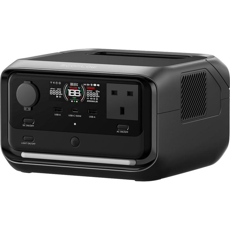 Black EcoFlow River 3 Plus portable power station with digital display showing battery percentage and power metrics, featuring AC outlets, USB ports, and control buttons on front panel