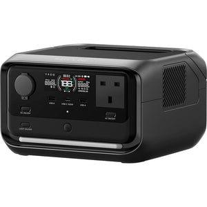 Black EcoFlow River 3 Plus portable power station with digital display showing battery percentage and power metrics, featuring AC outlets, USB ports, and control buttons on front panel