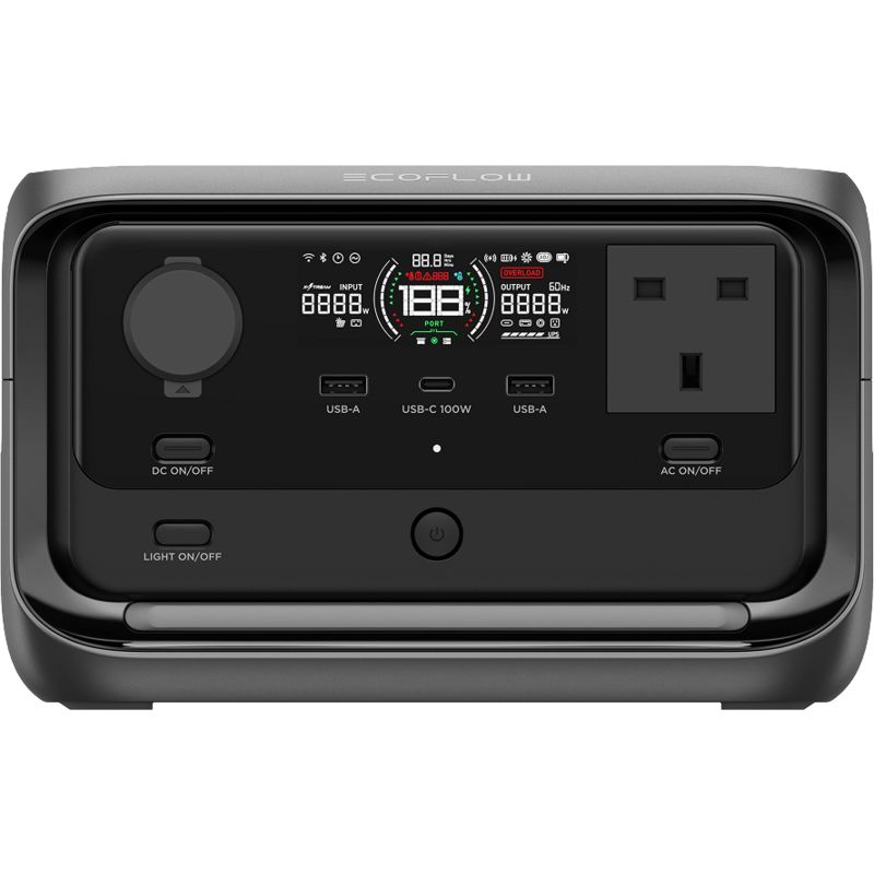 EcoFlow River 3 Plus portable power station with dark gray casing, black front panel displaying digital LED screen showing input/output watts, USB-A ports, USB-C 100W port, AC outlet, and control buttons for DC and AC power, displayed against white background