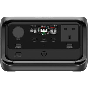 EcoFlow River 3 Plus portable power station with dark gray casing, black front panel displaying digital LED screen showing input/output watts, USB-A ports, USB-C 100W port, AC outlet, and control buttons for DC and AC power, displayed against white background