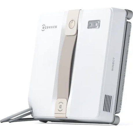 Ecovacs Winbot Mini beige and white robotic window vacuum cleaner shown from side angle with transparent water tank, control buttons, and metallic stand leg visible