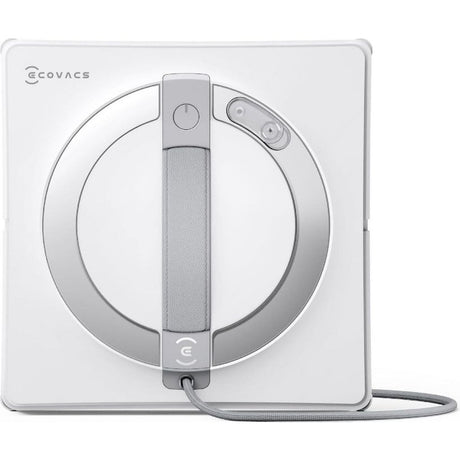 Ecovacs Winbot W2S Omni white robotic window vacuum cleaner with circular design, gray textured grip band, control buttons on top, and gray power cable shown from front view