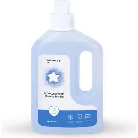 Ecovacs Winbot 1 litre cleaning solution bottle with light blue liquid, white spray pump top, and blue label featuring white star logo and product information