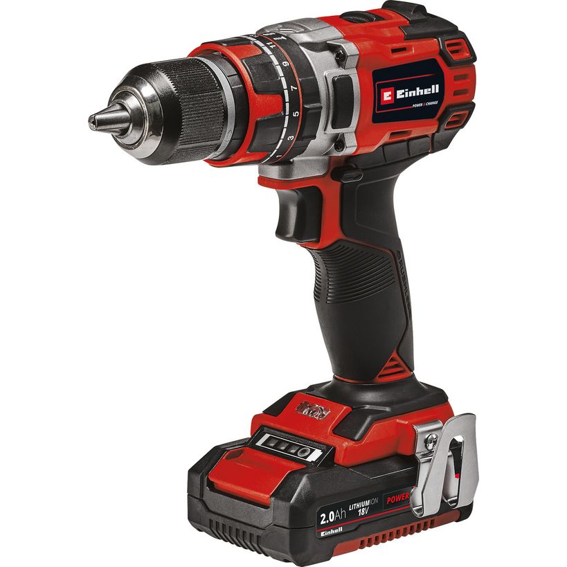 Einhell 18V red and black cordless drill driver with brushless motor, adjustable chuck, ergonomic grip, and 2.0Ah lithium battery shown on white background