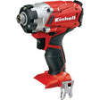 Einhell red and black 18V cordless impact driver with silver chuck, ergonomic grip handle, and included 2.5Ah Li-ion battery shown against white background