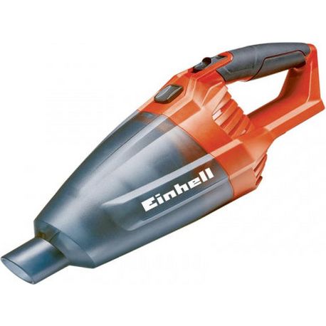 Einhell TE-VC 18 Li Solo cordless handheld vacuum cleaner with orange and grey body, featuring transparent dust collection chamber and ergonomic handle grip