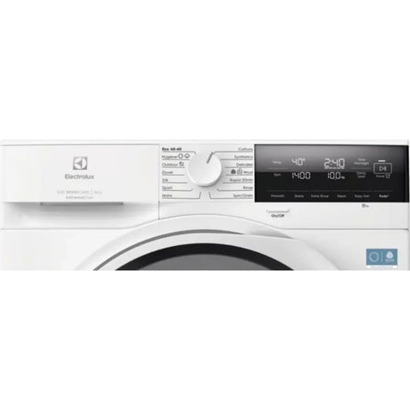 Electrolux white front-load washing machine with 10kg capacity, 1400 spin speed, digital display showing 40 degrees and 2:40 time, control panel with various wash program options, and stainless steel drum visible through porthole